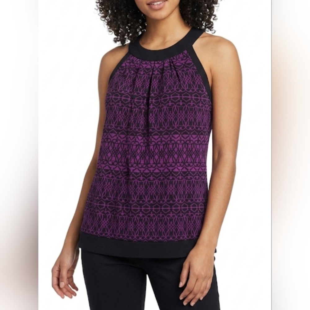 ✨ NWOT Nicole by Nicole Miller Purple & Black Halter Blouse – Size L ✨